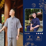 Men's blue outfit for going to the temple, Y Linh dharma outfit for men with loose sleeves and colla