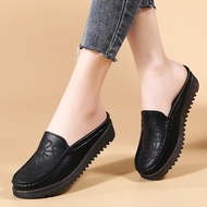 Korean Style Women's Mules Shoes, Genuine Leather | Breathable Casual Flat Slip-on Shoes | Soft Sole