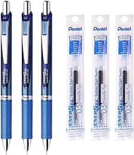 Pentel EnerGel Retractable Liquid Gel Pen, 0.5mm, Blue Ink, Blue Body, 3 Pens &amp; 3 Ink Refills