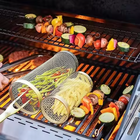 Stainless Steel Barbecue Cage Outdoor BBQ Cylinder Grill Smoked Mesh Drum Barbecue Tool Barbecue Kam