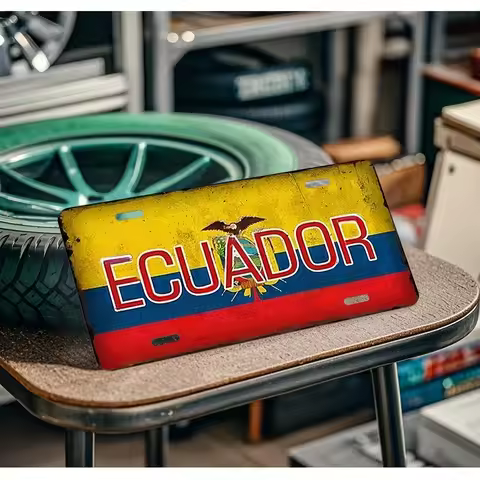 2D Flat Printing Vintage Distressed Ecuador Flag with National Emblem "ECUADOR" Aluminum Tin Paintin