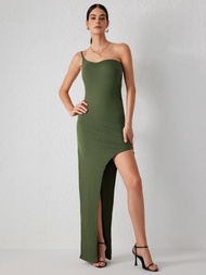 Cider Asymmetrical Neck Drawstring Split Maxi Dress