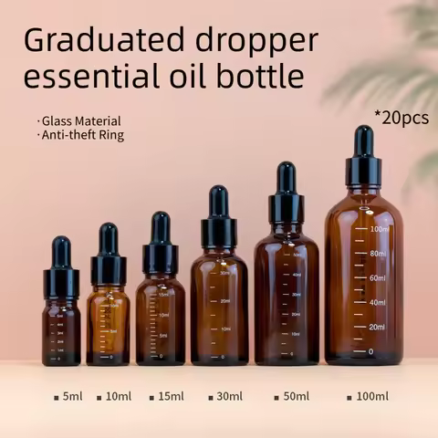 20 Pcs Amber Glass Dropper Bottles with Pipette 10/15/20/30ml Empty Refillable Scale Marking Leakpro
