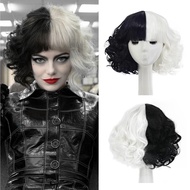 Black and White Wigs for Cruella Costume Women Short Curly Wavy Hair Wig with Wig Caps Cute Syntheti