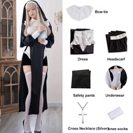 Nun Cosplay Costume Women Fancy Dress Set Halloween Party Roleplay Outfit Adult Nun Dress Black Fanc