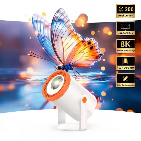 Support 8K Decoding Portable Projector 200ANSI Android 14 Dual WIFI6 H723 BT5.2 1280x720 Large Scree