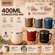 BEST4U 400ml Stainless Steel Mug with Lid | SUS304 Coffee Mug | Office Cup | Cawan Bertutup