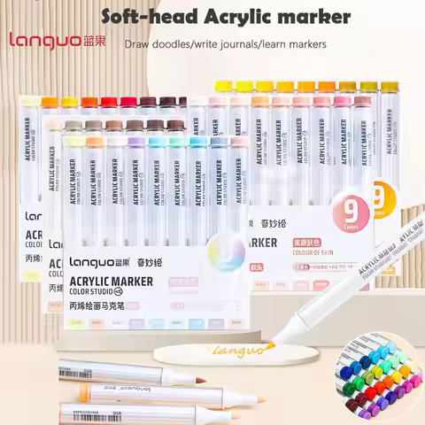 Languo 9 Color Acrylic Paint Marker,Flexible Head,Brightly Colored for Doodle,Drawing,Handwriting Ma