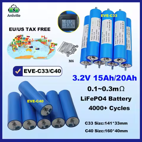 3.2V 15Ah 20Ah LiFePO4 Battery Cell （EVE-C33/C40）for DIY 12V 24V 48V Power Bank Solar Light E-scoote