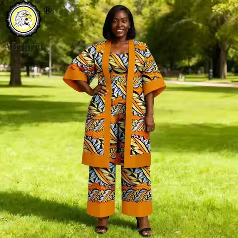 African Clothes for Women Half Sleeve Open Front Long Shirts and Jumpsuits 2 Piece Set Print Outfits