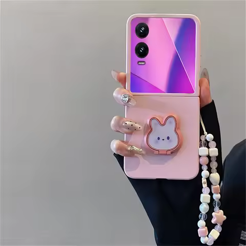 Sweet Korean Solid Color Pink Case with Bunny Ring Bracket Star Bracelet for Infinix Zero Flip Tecno