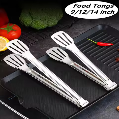 9/12/14 Inch Stainless Steel Food Clip BBQ Grill Steak Food Clip Silicone Non-slip Handle Bread Tong