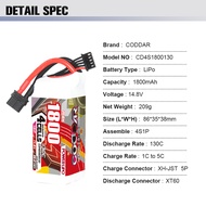 แบตเตอรี่ Lipo CODDAR 4S/6S 14.8V/22.2V 1800MAh พร้อมปลั๊ก XT60สำหรับเฮลิคอปเตอร์สี่ใบพัดสำหรับแข่ง