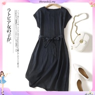 LAHSTORE straight linen dress with round neck, mussel sleeves, drawstring waist, youthful DS09 (Blue