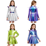 inlzdz Girls Halloween Alien Costume Long Sleeves Zip Up A-line Dress with Belt Shiny Metallic Outer
