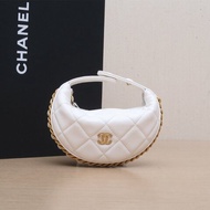 CHANEL 25A超Mini呼啦圈月牙包白色鐳射標金扣皮穿鏈滾邊肩背包