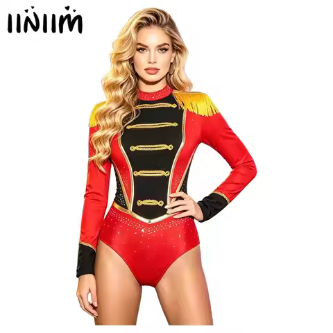 Womens Shiny Rhinestone Circus Ringmaster Carnival Cosplay Costume Tassel Bodysuit Majorette Marchin
