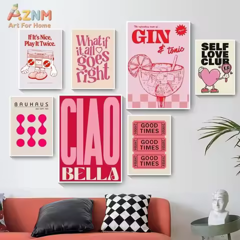AZNM Ciao Bella Self Love Club Inspirational Typography Bauhaus Retro Aesthetic Quote Gin Tonic Canv