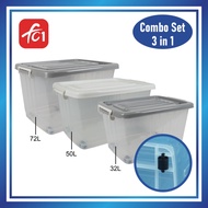 FC1 Combo Set 3 in 1 Multipurpose Storage Box Clear Plastic Container Box Wheels Roller Toy Box Beka