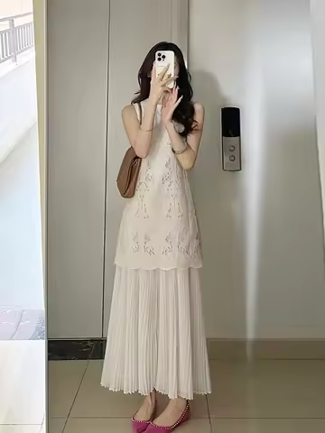 Ele White Splice Hollow out Summer Dr 2026 Unique Beautiful Slimming Long Dr Korean Sle High Waist A