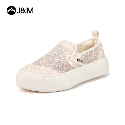 2025 J&M Shoes Women Loafers Fashion 3.5cm Platform Shoes Summer Lace Mesh Shoes Slip-On Casual Shoe