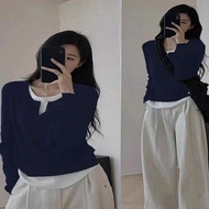 【ks1139.my】 秋冬别致新款假两件长袖T恤上衣女不规则拼接宽松显瘦打底上衣insAutumn and Winter Unique New Fake Two piece Long sleeved