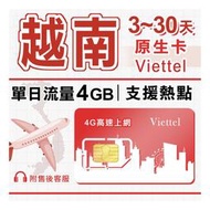 【越南原生卡】Viettel 單日4GB 高速上網 可熱點 越南網路電信原廠卡/越南電話卡/越南上網卡