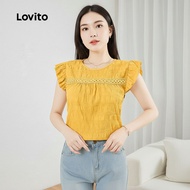 Lovito Blaus Wanita Kuning Renda Jacquard Musim Bunga/Musim Panas Gaya Santai L134ED448