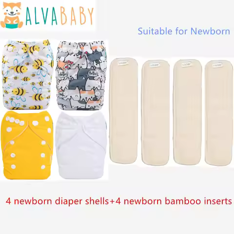 ALVABABY 4pc Newborn Diaper Shells with 4pcs Newborn Bamboo Inserts Reusable Newborn Nappy for Babie