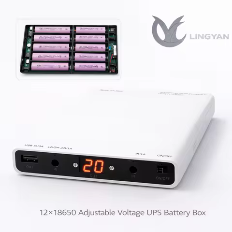 12×18650 UPS Battery Case, 3S4P Solder-Free Assembly, 5V 9V 12–24V Adjustable Output Power Box, No B