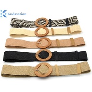 Kudosation Summer Women Elastic Belt Round Buckle Vintage Boho Straw Woven Belt Dress Belt