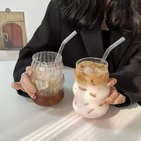Glass Cups Drinkware and Barware Cold Coffee Cups Latte Coffee Glass Iced Water Bottle Aesthetic Cup