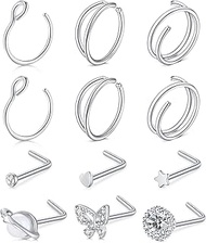 4-30 Pieces Surgical Steel Nose Piercing Nose Ring 18G 20G 22G Nose Stud Ring Set Straight L-Shaped