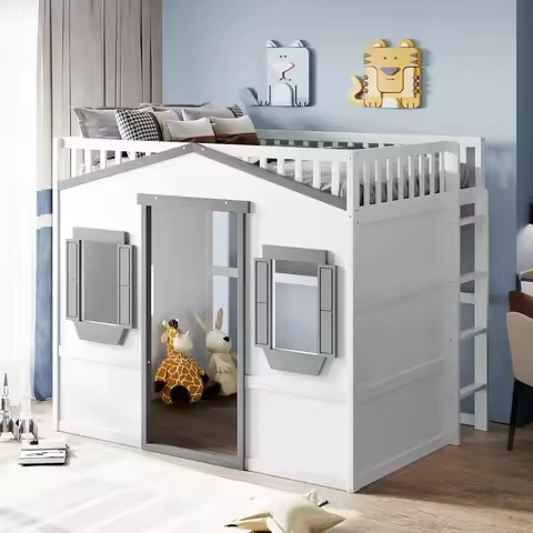 Full House Loft Bed Frame,Wood Full Loft Bed with Windows and Guardrail,Playhouse Bed,Full Size Loft