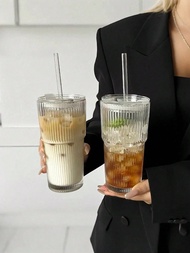 1pc,Striped Glass Cup With Straw And Lid - 20.29oz/600ml, Visually Appealing Glass Drinking Tumbler 