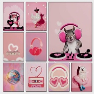 Heart Headphones Posters Pink Love Mixtape Retro Pop DJ Squirrel Prints Canvas Painting Wall Art Pic