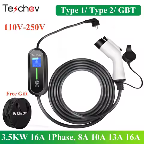 Teschev Portable Electrical Car Charger Type 1 SAE J1772 Type 2 IEC 62196 GBT Charger 16A 1 Phase 3.