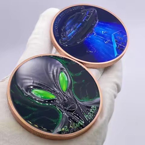 5oz Copper Challenge Coin Alien Head UFO Spaceship Color Painted Embossed We Are Here Outer Space Co