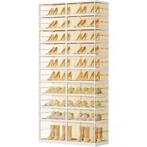 Foldable Shoe Boxes with Doors 10 Tiers 20-40 Pairs Plastic Shoes Storage Rack Tall Shoe Shelf Cabin