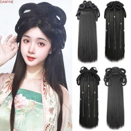 DWAYNE Chinese Ancient Wig, Synthetic Antique Women Hanfu Wigs, Hairpiece Black Photography Hanfu Wig Headband