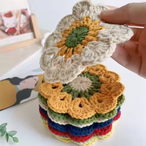 Crochet Coaster Handmade Knitted Flower Placemat Tea Cup Pad Crochet Flower Coaster Heat Insulation