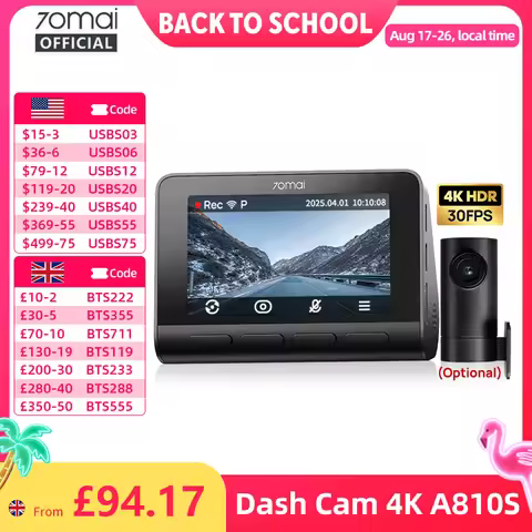 70mai A810S 4K Dash Cam IMX678 Dual HDR Supercapacitor 4G LTE Remote Control Wi-Fi 6 5GHz Voice Cont