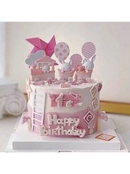 粉色兔子列車蛋糕裝飾，可愛的兔子烘焙裝飾品，可用於甜點桌面