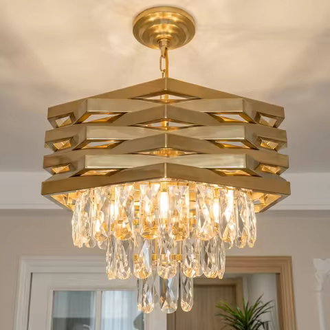 Modern Gold Hexagonal Crystal Chandelier, K9 Crystal Adjustable Chain Light Fixture for Dining Room 