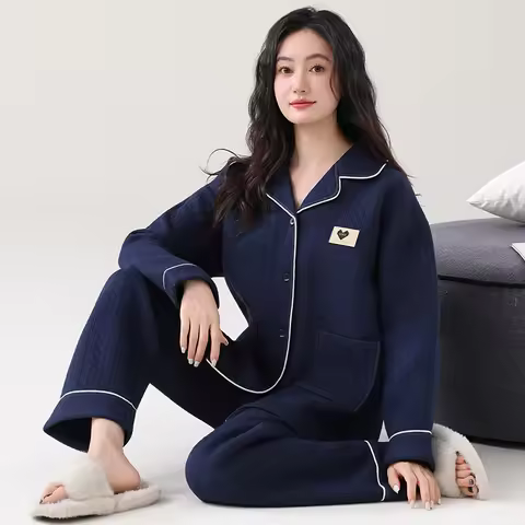 Winter Women Pajamas Set Air Clip Cotton Pijama Female Thick Sleepwear