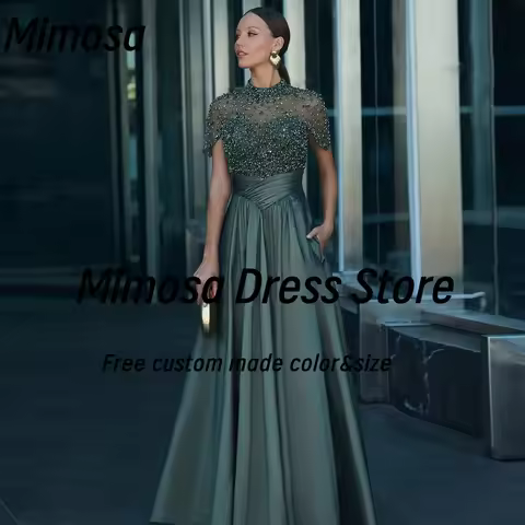 Mimosa High Collar Evening Dresses Bespoke Beaded Short Sleeves Prom Dress with Pockets Long Ruched 