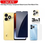 For itel A70 Tempered Glass itel A70 Screen Protector Camera Lens Protector Full Cover Screen Matte Privacy Glass 3In1 Carbon fiber back film