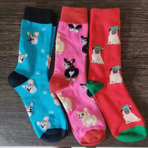 Funny Dog Pattern Cotton Men Crew Sock Corgi Pug Lover Gift Men Husband Cute Street Socks Novelty Fu