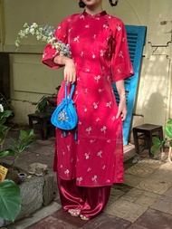 Áo dài voan tơ CÁT TƯỜNG 4 tà thêu hoa đính cúc bọc kèm quần dài satin HAVANA AD108