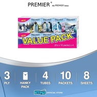 Premier Facial Tissue Hanky Pack (4 x 10packet) /(10pack × 8sheet)